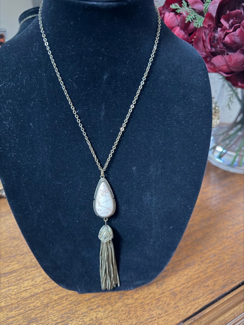 Gold-Tone Teardrop Stone Tassel Pendant Necklace - Unbranded